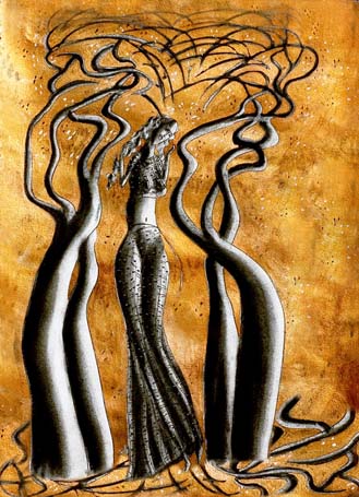 Medium: 'Chinese Ink, Acrylic on Paper, Counte, Gold & Silver Foil', Size:'46 x 31 cm'